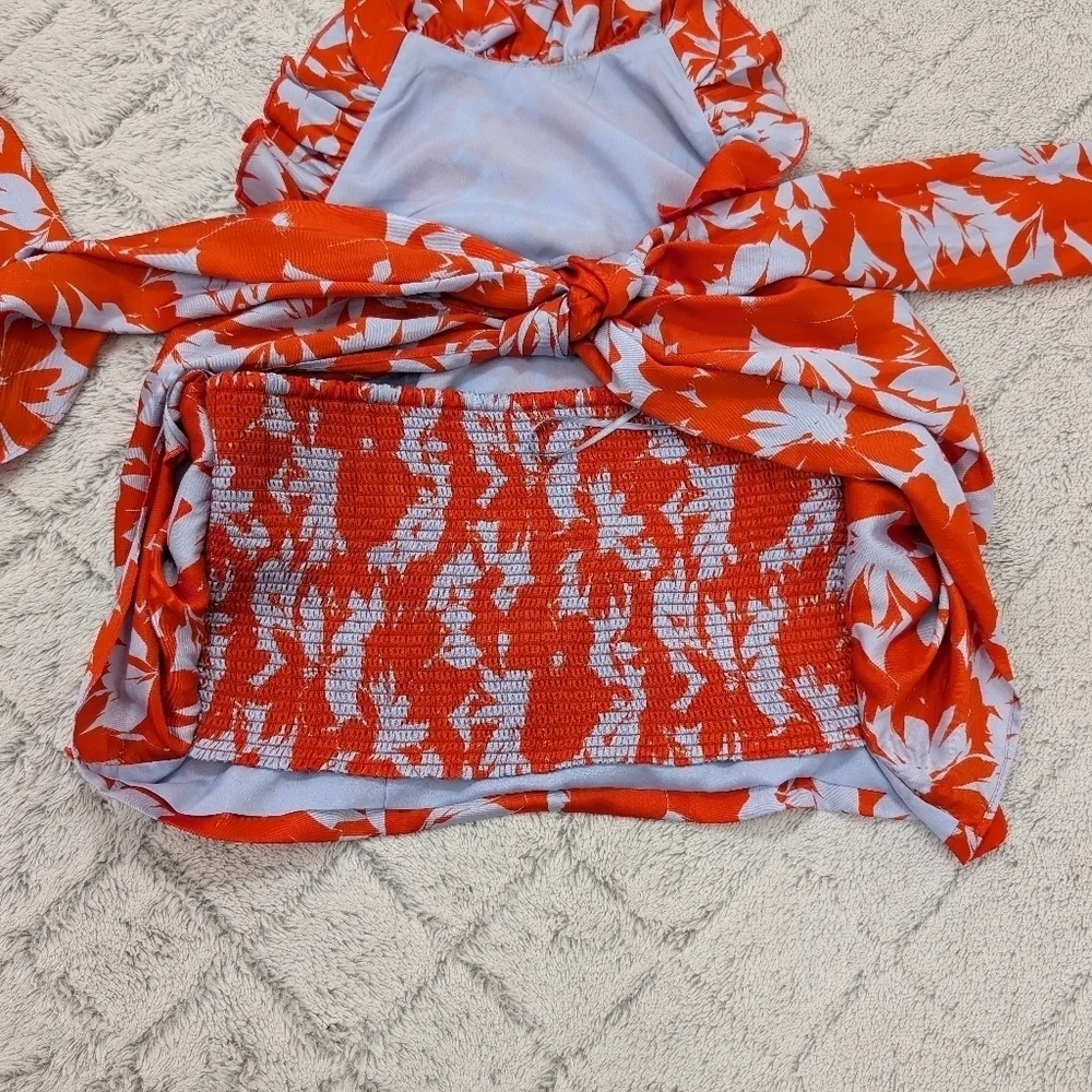 J. Crew Pants Set Womens 8 Large Orange Ratti Falling Leaves Halter Top Ruffle
